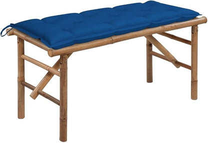 Portable Folding Garden Bench with Blue Cushion and Natural Bamboo Frame, Durable Weather-Resistant Outdoor Furniture for Patio, Balcony, or Backyard, Includes Comfortable