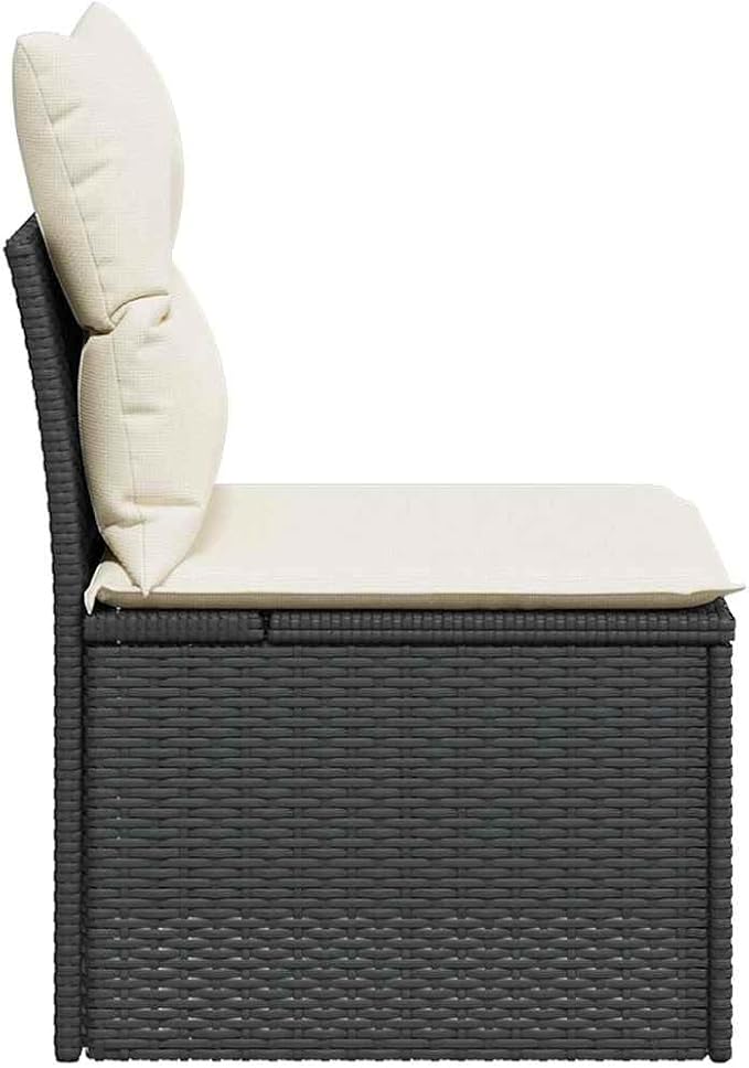 Armless Garden Chair Black Cream White with Under-Seat Storage, Sturdy Poly Rattan Weather Resistant Outdoor Furniture for Patio Lounge, Modular Design Comfortable Seating
