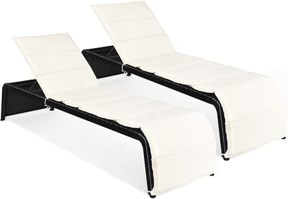 Tangkula Outdoor Chaise Lounge Chair, 5-Position Adjustable Rattan Recliner Chair w/Cushioned Seating and Adjustable Feet, Multifunctional Couch Furniture for Garden, Patio, Poolside (2, Off-White)