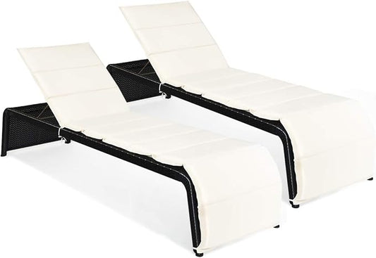 Tangkula Outdoor Chaise Lounge Chair, 5-Position Adjustable Rattan Recliner Chair w/Cushioned Seating and Adjustable Feet, Multifunctional Couch Furniture for Garden, Patio, Poolside (2, Off-White)