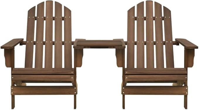 Solid Wood Fir Adirondack Chair with Tea Table Brown for Patio Garden Outdoor Comfortable Lounge Seating Ergonomic - Photo 3
