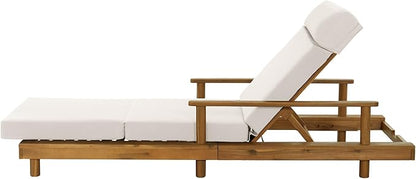 Merax Acacia Wood Outdoor Chaise Lounge Chair with Thick 4-Fold Cushion & Headrest, 3-Position Adjustable Backrest, Modern 76.8" L Large Patio Pool Sun Lounger for Garden Beach Yard, Cream+Teak