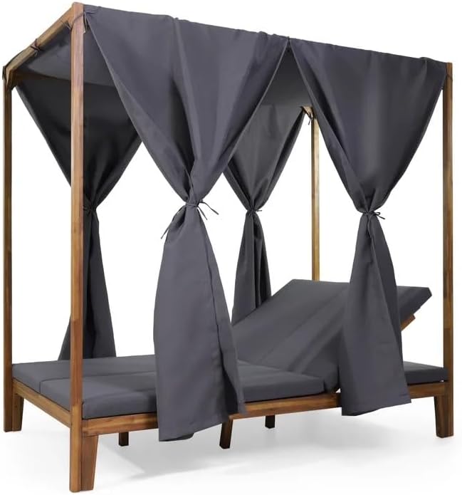 Christopher Knight Home Kenzie Acacia Wood Outdoor Daybed with Canopy, Double Chaise Lounge Chair Outdoor with Cushion - Photo 6