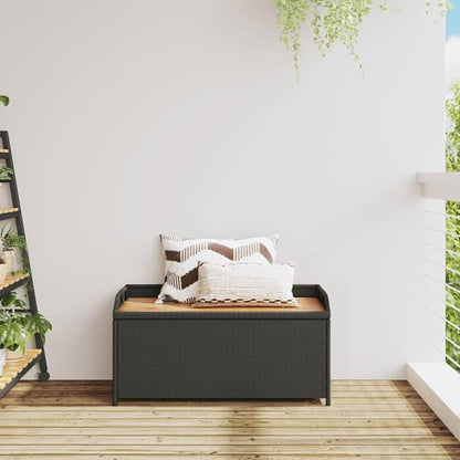 Outdoor Storage Bench with Acacia Wood Top and Synthetic Rattan Seating for Patio Balcony Garden, Durable Steel Frame and Comfortable Design for Two Adults