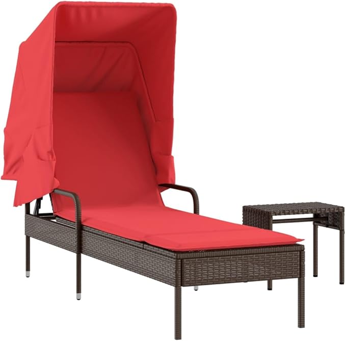 Patio Sun Lounger with Adjustable Backrest and Side Table, Brown PE Rattan Fabric on Powder-Coated Steel Frame - Photo 3