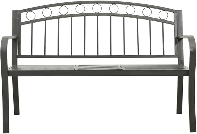 Grey Powder-Coated Steel Garden Bench with Table Durable Outdoor Seating for Two Comfortable Patio Furniture