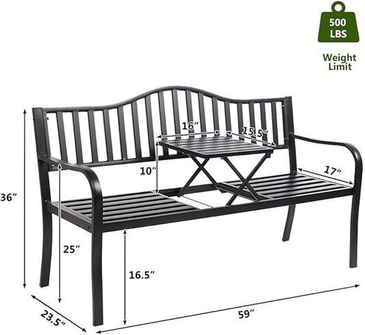 Metal Garden Bench with Pullout Middle Table Patio Seating Double Seat Steel Bench for Outdoor Patio Garden Backyard Weather-Resistant Frame-Black 2