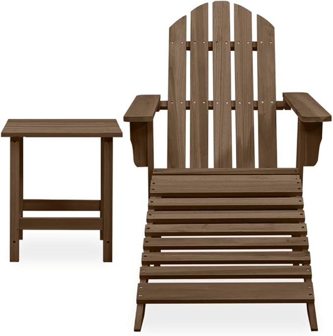 Adirondack Chair with Ottoman and Table Solid Fir Wood Brown Patio Furniture Set for Outdoor Garden Balcony Porch - Photo 2