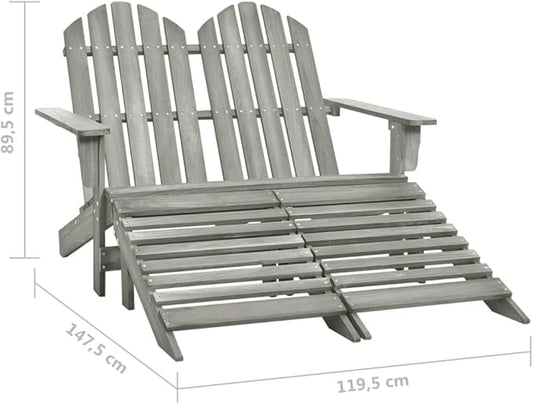 Grey Solid Fir Wood Two-Seater Detachable Garden Chair with Ottoman for Patio and Balcony, 2-Seater Outdoor Furniture with Slanted Back and Broad Armrests, Weather-Proof