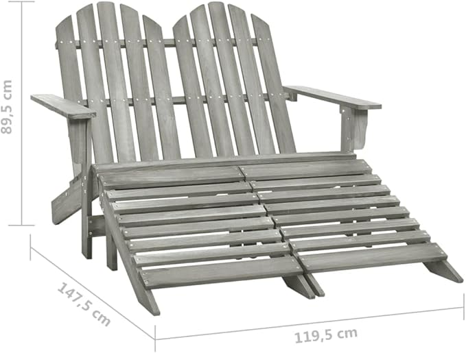 Grey Solid Fir Wood Two-Seater Detachable Garden Chair with Ottoman for Patio and Balcony Outdoor Furniture - Photo 2