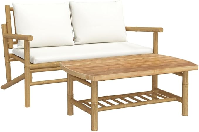 Outdoor Combination Sofa Terrace Furniture Set Garden Lounge Set Bamboo with Cream White Cushions - Photo 2