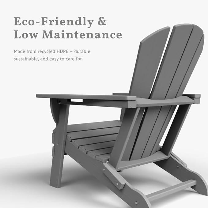 Folding Adirondack Chairs with Cup Holders, Set of 4 HDPE Plastic Outdoor Chairs, Weather Resistant, Real Wood Look - Photo 4
