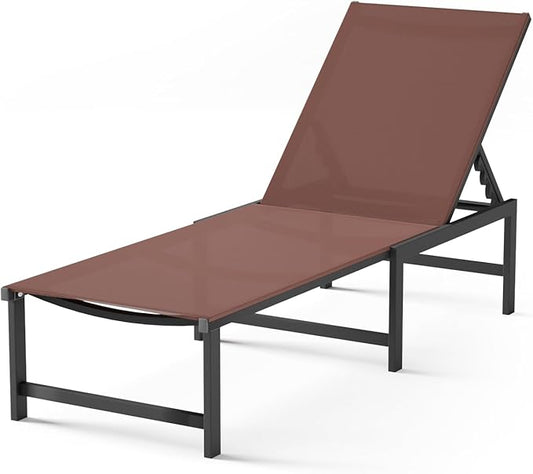 Chaise Lounge Chair Outdoor, Aluminum PatioChairs with 5 Adjustable Backrest and HeadrestPillows for Outside Beach，Brown