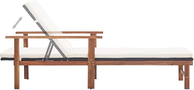 Black Poly Rattan Outdoor Chaise Lounge 78.7 inch Reclining Beach Chair with Acacia Frame & Cream Cushion for Patio - Photo 6