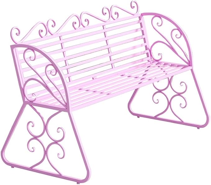 Elegant Metal Garden Bench, Sturdy Wrought Iron Bench with Decorative Design, Weather-Proof, 2-Person Capacity for Garden Backyard Lawn Porch Path(Pink)