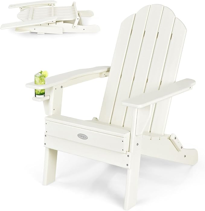 Tangkula Outdoor Folding Adirondack Chair, HDPE Armchairs with Cup Holder, Weather Resistant Lounger Chair for Patio Garden Fire Pit Backyard, Lawn Porch Seating, Adirondack Lounger (4, White)