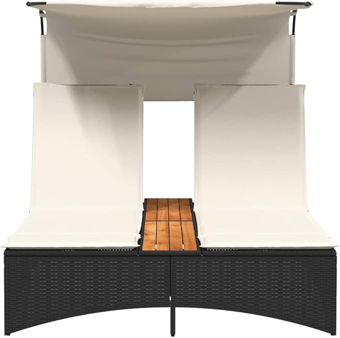Outdoor Double Sun Lounger with Canopy 62"x21" Adjustable PE Rattan Black Pool Chaise Lounge Chair for Patio Garden - Photo 5