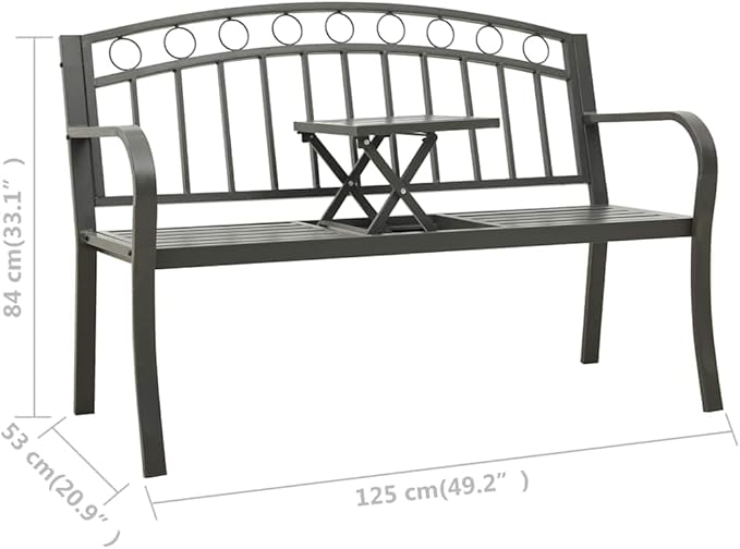 Modern Garden Bench with Integrated Table, Grey Powder-Coated Steel Outdoor Seating, Compact Rectangular Design for Patio and Balcony, Durable Steel Construction