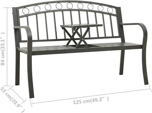 Grey Powder-Coated Steel Garden Bench with Table, Medium Durable Outdoor Seating for Patio, 2-Person Comfortable Relaxation, Weather-Resistant and Low Maintenance Furniture