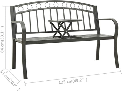 Grey Powder-Coated Steel Garden Bench with Table Medium Durable Outdoor Seating for Patio and Backyard Relaxation