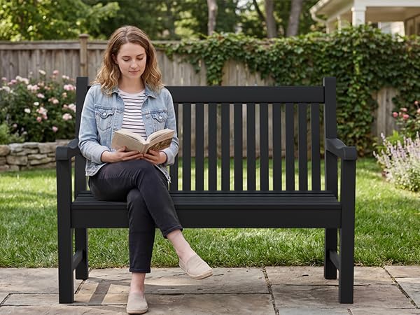 Psilvam Garden Bench, 2-Person Poly Lumber Patio Bench, All-Weather Outdoor Bench that Never Rot, Memorial Bench, Suit for Garden, Porch and Park (Black)