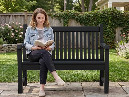 Psilvam Garden Bench, 2-Person Poly Lumber Patio Bench, All-Weather Outdoor Bench that Never Rot, Memorial Bench, Suit for Garden, Porch and Park (Black)