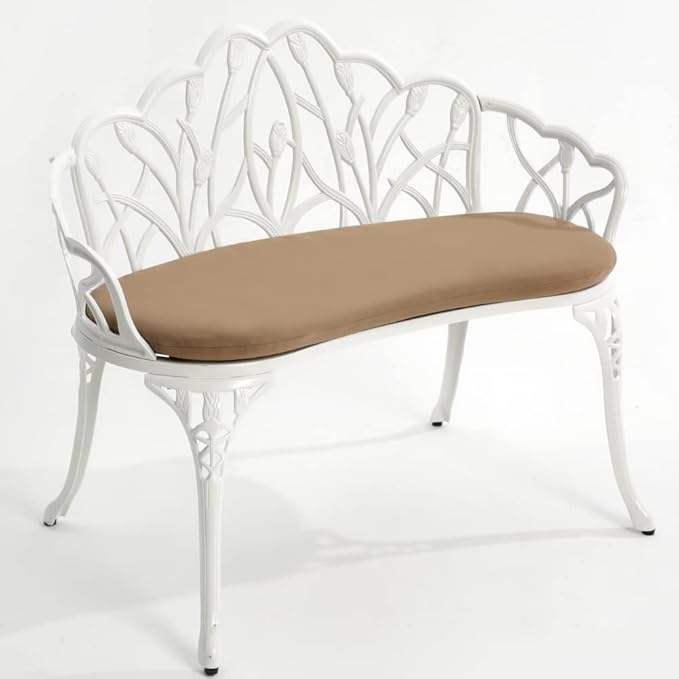 Patio Aluminum Outdoor Bench, Garden Metal Loveseat Furniture with Soft Cushion, Leaf Carving Antique White Front Porch Chair Seat