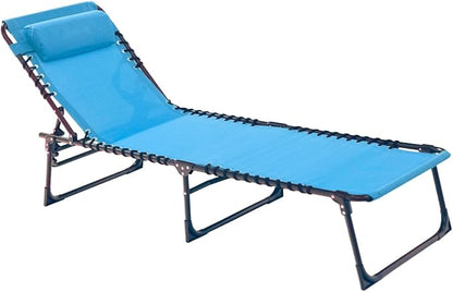 Patio Lounge Chair Folding Chaise Bed - Heavy-Duty 400lb Capacity Portable Adjustable Recliner w/Pillow for Pool, Camping, Sunbathing - Lay Flat Design (Light Blue)