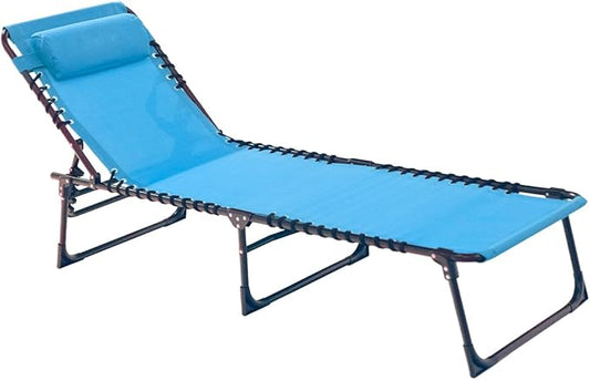Patio Lounge Chair Folding Chaise Bed - Heavy-Duty 400lb Capacity Portable Adjustable Recliner w/Pillow for Pool, Camping, Sunbathing - Lay Flat Design (Light Blue)