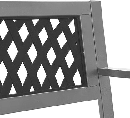 Garden Bench Black Steel Plastic 47.2 Inch Durable Outdoor Seating with Lattice Backrest, Modern Patio Furniture for Two Persons, Weather-Resistant and Comfortable
