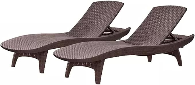Outdoor Patio Chaise Lounge Chairs, All-Weather Wicker Rattan, Adjustable Backrest, Set of 2 (Brown)