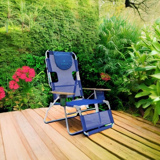 Ostrich Altitude 3N1 Lightweight Lawn Beach Reclining Lounge Chair w/Footrest, Outdoor Furniture for Patio, Balcony, Backyard, or Porch, Blue Stripe