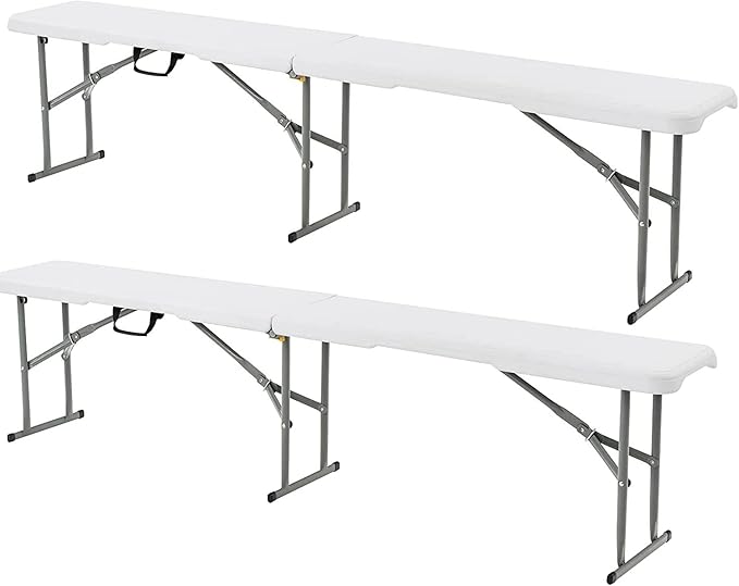 S AFSTAR 2PCS Plastic Folding Bench, 6FT Outdoor Camping Picnic Benches with Handle and Lock, 550 LBS Load, 8-Person Lightweight & Portable Benches for Outside Indoor, No Assembly Required, White