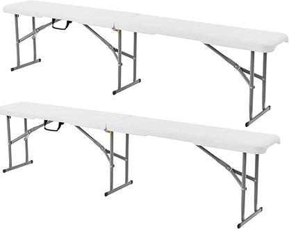 S AFSTAR 2PCS Plastic Folding Bench, 6FT Outdoor Camping Picnic Benches with Handle and Lock, 550 LBS Load, 8-Person Lightweight & Portable Benches for Outside Indoor, No Assembly Required, White