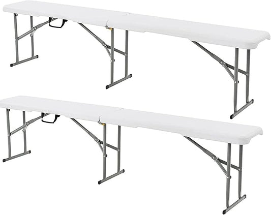 S AFSTAR 2PCS Plastic Folding Bench, 6FT Outdoor Camping Picnic Benches with Handle and Lock, 550 LBS Load, 8-Person Lightweight & Portable Benches for Outside Indoor, No Assembly Required, White