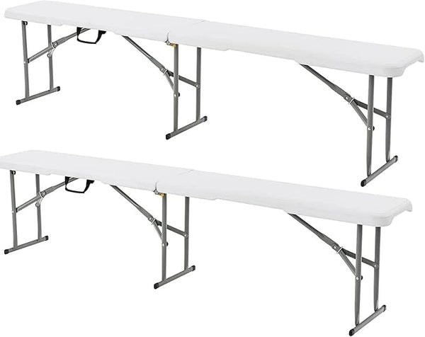 S AFSTAR 2PCS Plastic Folding Bench, 6FT Outdoor Camping Picnic Benches with Handle and Lock, 550 LBS Load, 8-Person Lightweight & Portable Benches for Outside Indoor, No Assembly Required, White