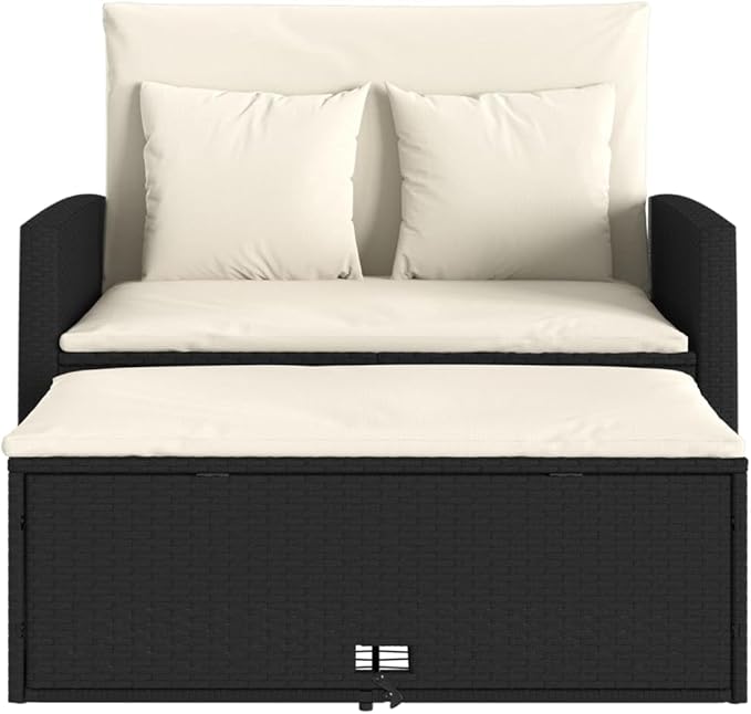 vidaXL Patio Sofa 2-Seater Garden Bench Storage Bed - PE Rattan, Black/Cream, UV-, Outdoor Lounge, 45.3"x29.5"x35.8"