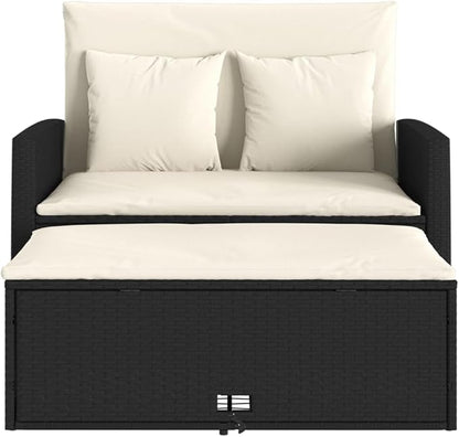 vidaXL Patio Sofa 2-Seater Garden Bench Storage Bed - PE Rattan, Black/Cream, UV-, Outdoor Lounge, 45.3"x29.5"x35.8"