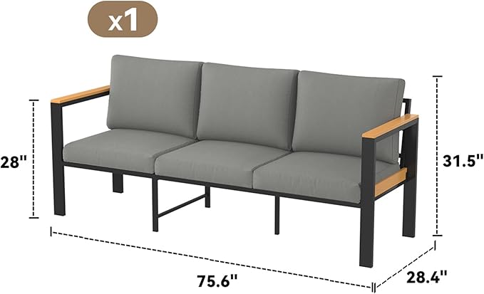 HOMREST Aluminum Patio Furniture Set, Heavy Duty Metal Outdoor Bench for 3 Person, 3-Seat All-Weather Metal Outdoor Patio Furniture with Cushions, (Dark Grey) | Metal Frame, Extra Large, Detachable Cushions