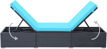 PE Rattan Sunlounger Outdoor Chaise Lounge 76.8x23.6x12.2in Steel Frame Adjustable Backrest Black with Blue Cushion for Pool Patio Garden Balcony