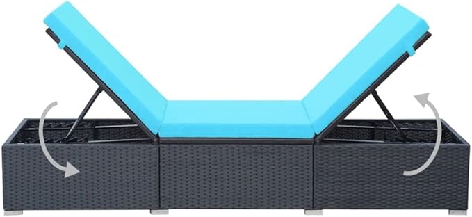 Sunlounger Black and Blue PE Rattan, Powder-Coated Steel, Polyester Garden Lounge Chair Beach Chair for Poolside Outside - Photo 7