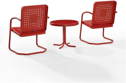 Pemberly Row 3 Piece Metal Outdoor Chair Set, Bright Red Gloss Finish, Retro Patio Furniture, Steel Construction, Cantilever Armchairs with Basket Weave Design, Side Table for Small Outdoor Spaces