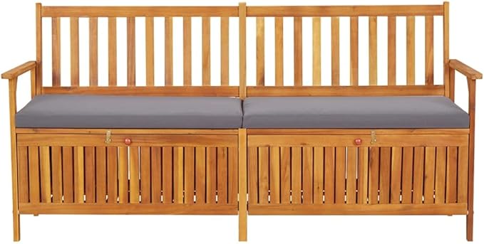 Solid Acacia Wood 67 Inch Outdoor Storage Bench Rectangular Black Brown Modern Patio Garden Seating with Cushion Compartment