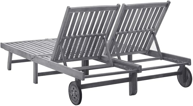 Outdoor Sun Lounger for Two, Solid Acacia Wood Patio Furniture with Adjustable Backrest and Wheels - Photo 5