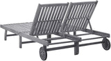 Outdoor Sun Lounger for Two, Solid Acacia Wood Patio Furniture with Adjustable Backrest and Wheels - Photo 5