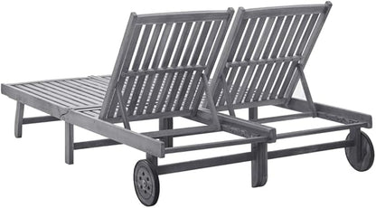 Outdoor Sun Lounger for Two, Solid Acacia Wood Patio Furniture with Adjustable Backrest and Wheels, Grey Weathered Finish Poolside Garden Balcony Chaise Lounge