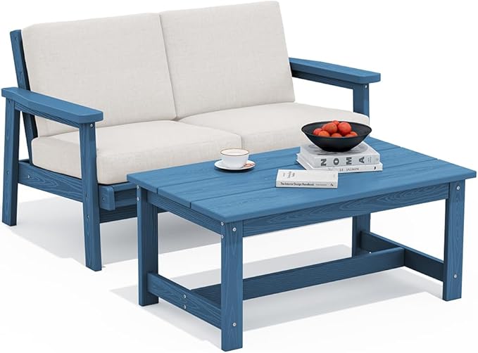 SERWALL Outdoor Loveseat, Blue Frame and Khaki Cushion - Photo 1