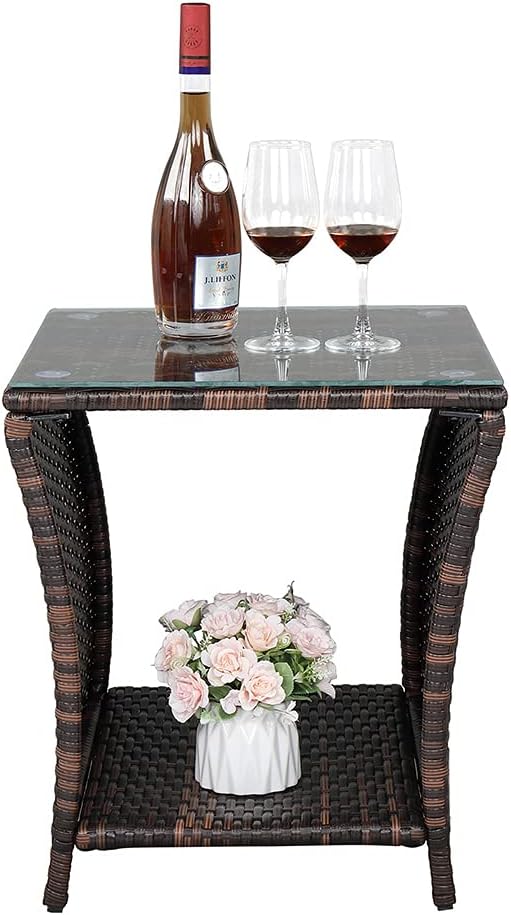 Rattan End Table Side Table, Glass Rattan Coffee Table for Outdoor Backyard Lawn Balcony Pool Square Tempered Glass Top Wicker Rattan End Table Furniture with Storage (Brown5)