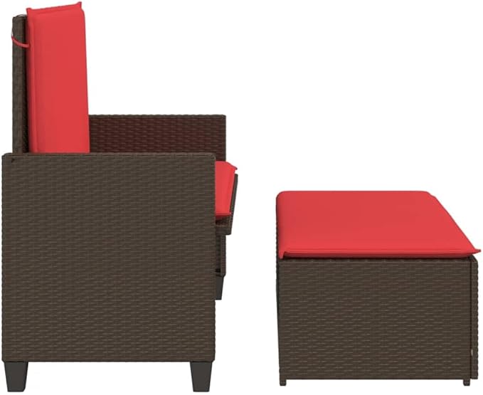 Patio Bench with Cushions and Footstool Brown Poly Rattan Garden Bench Park for Garden Lawn