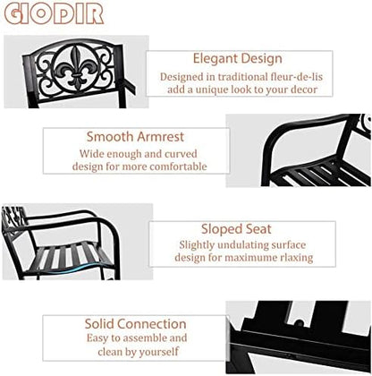 Outdoor Patio Rocking Chair, Metal Rocking seat for for Deck, Backyard or Garden w/Scroll Design (Black)